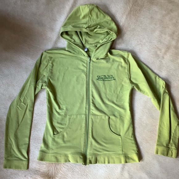 Von Dutch Tops - Y2K 90s VON DUTCH Rare GREEN Vintage Lightweight Zip HOODIE